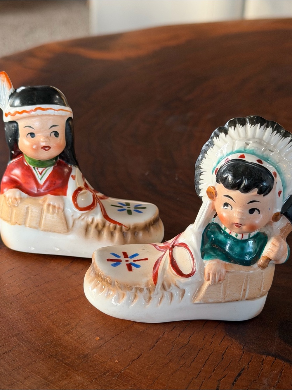 Vintage Ceramic Native Boy and Girl Shoe Figurines - White, Red, Green, Black